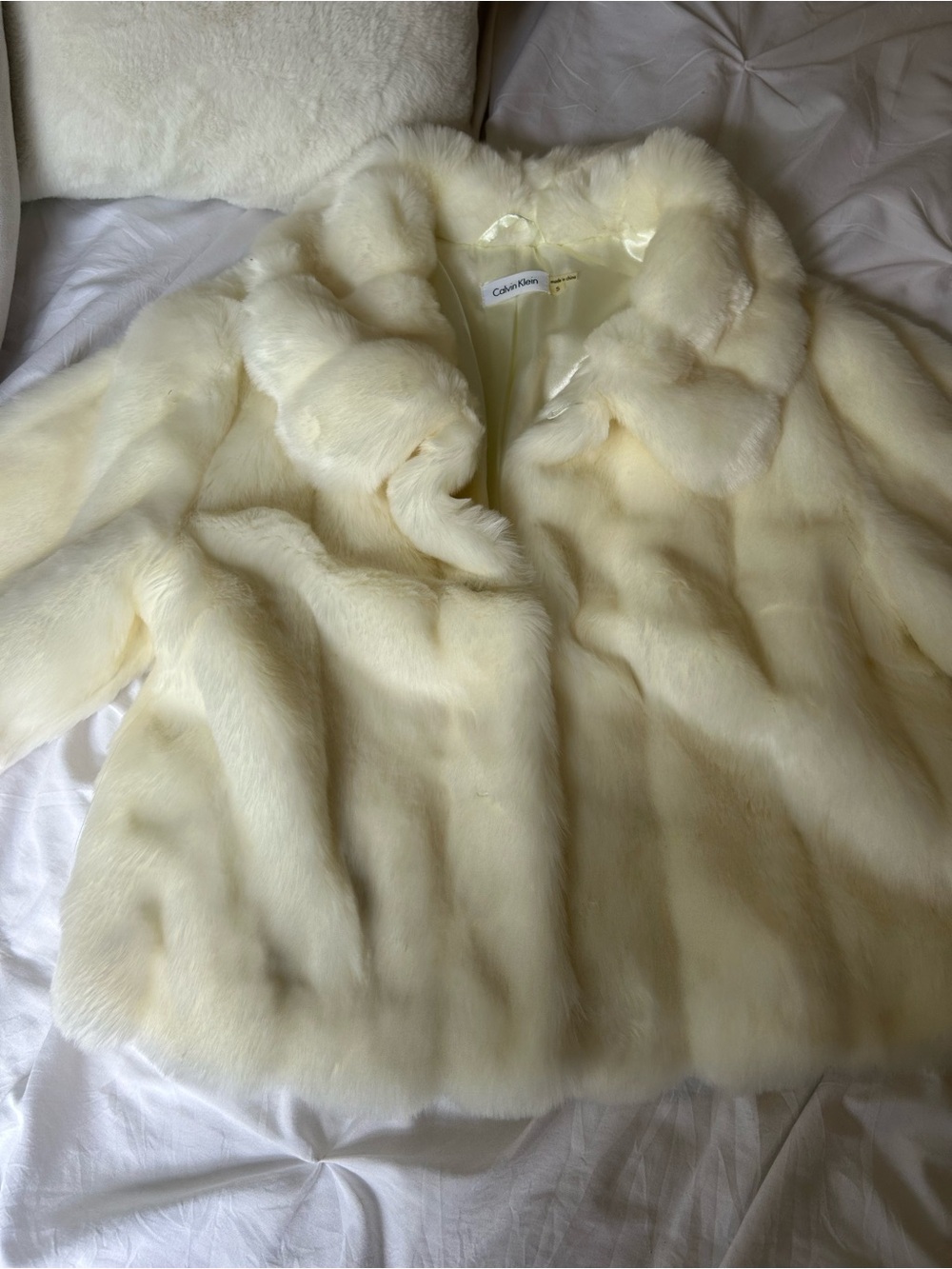 Calvin Klein Cream Satin-Lined Faux Fur Jacket